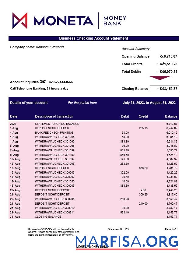 Downloadable Moneta Money Bank firm account statement Word and PDF template